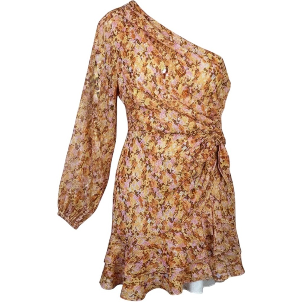 NEW Lush One Shoulder Floral Mini Dress Rust Gold Metallic Boho Cottagecore